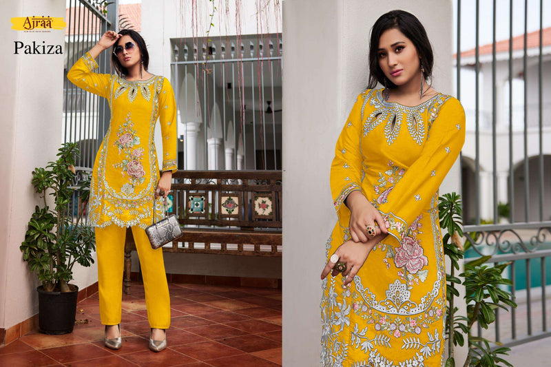 Ajraa Pakiza Viscous Embroidery Work Pakistani Casual Wear Kurti With Pant / Palzzo Set