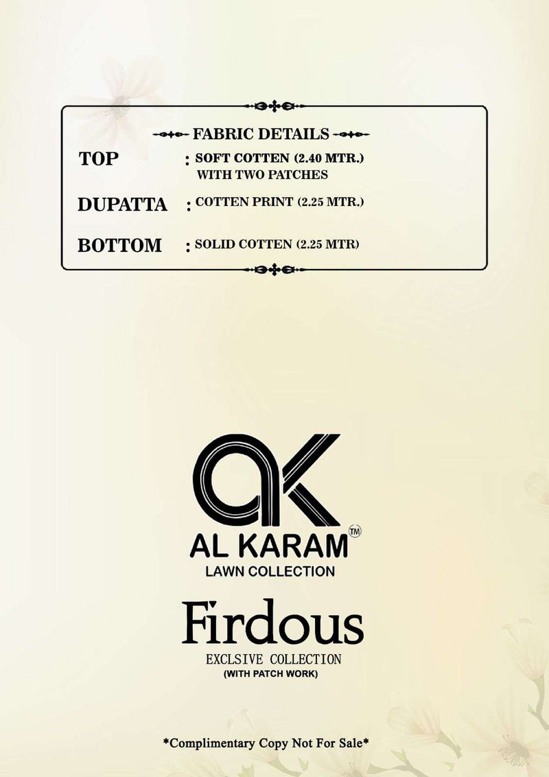 Al Karam Firdous Exclusive Collection Vol 2 Printed With Patch Work Pakistani Salwar Kameez Material