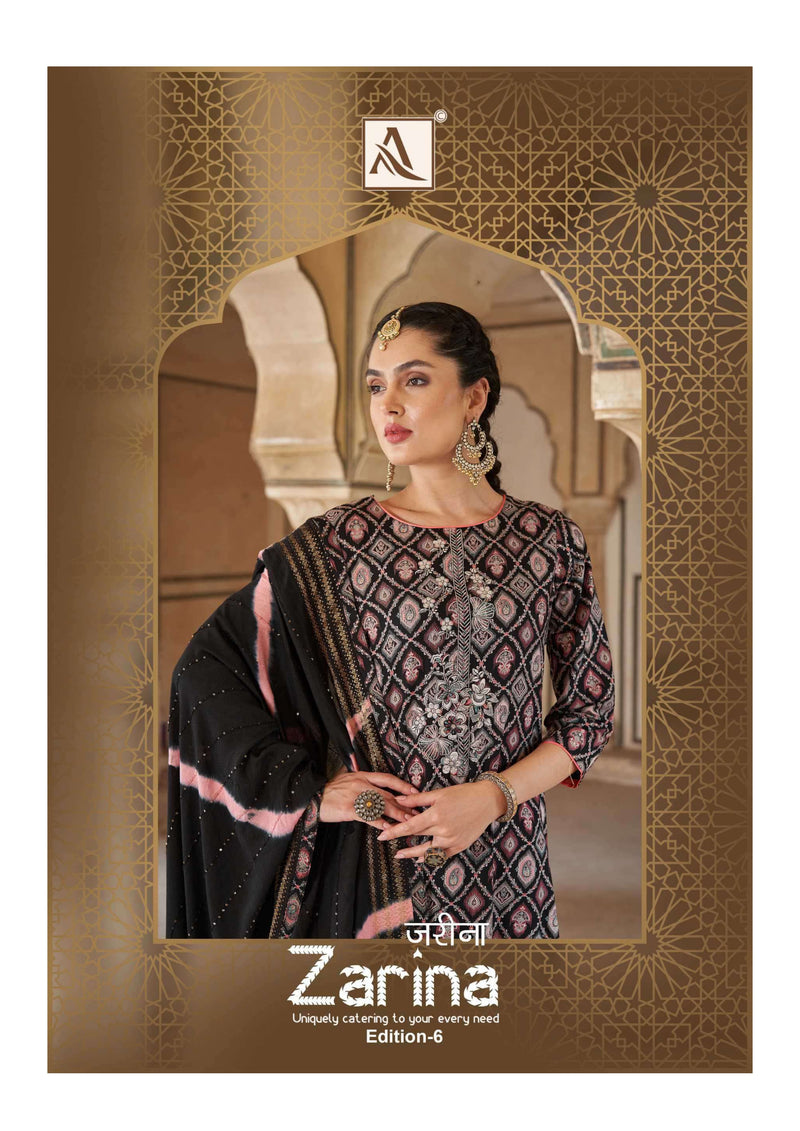 Alok Suit Zarina Edition 6 Rayon Gold Print Embroidery Stylish Salwar Suit