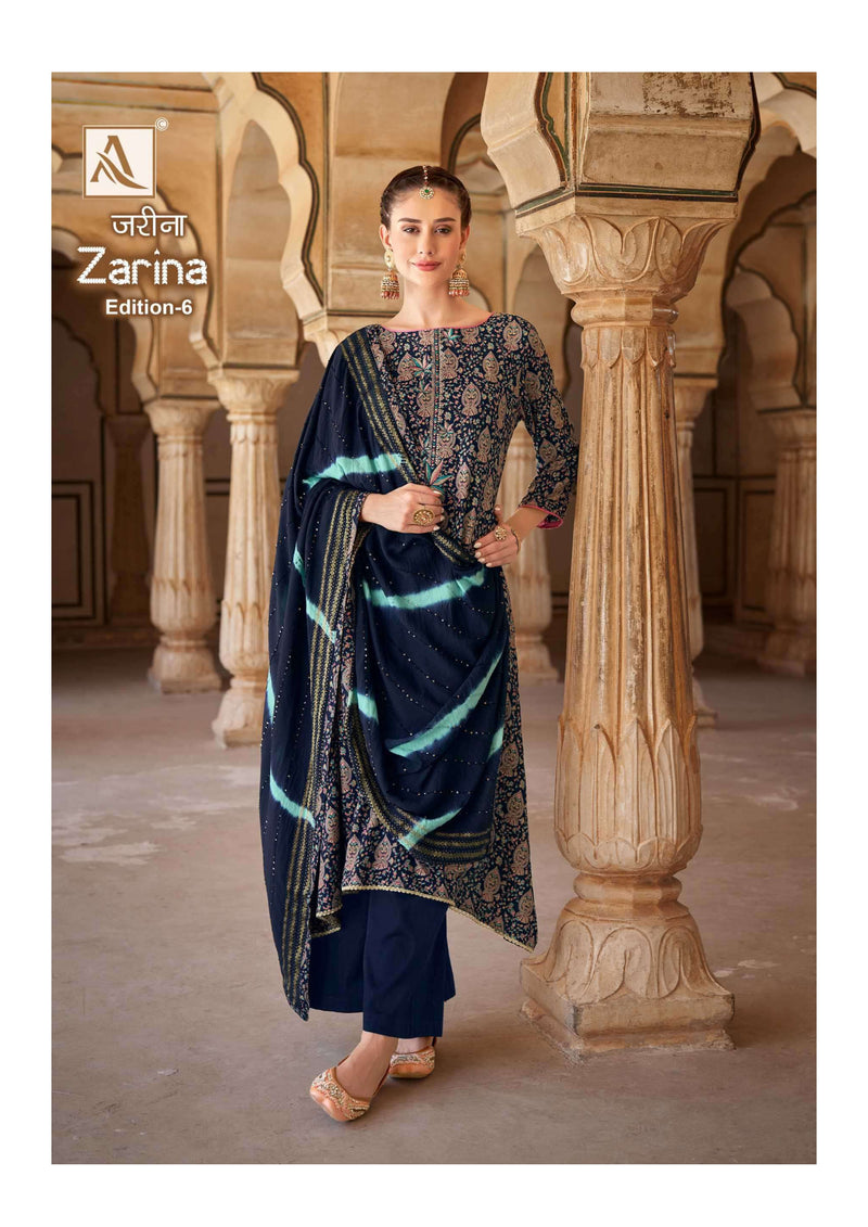 Alok Suit Zarina Edition 6 Rayon Gold Print Embroidery Stylish Salwar Suit