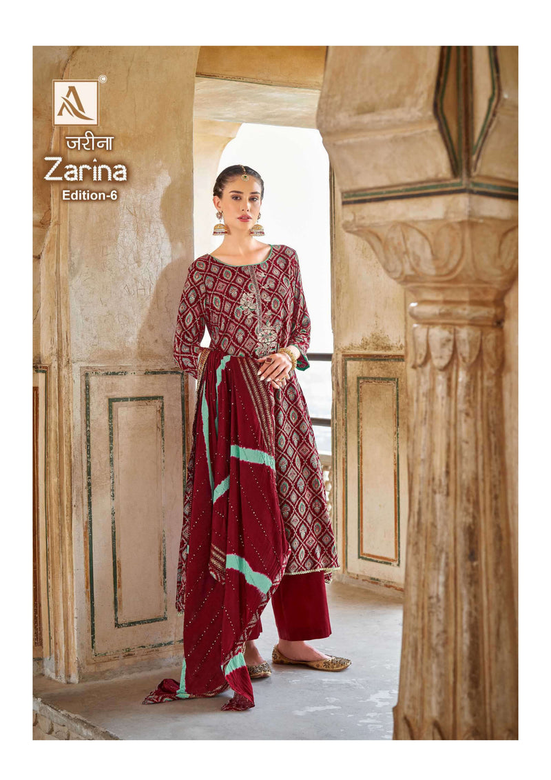 Alok Suit Zarina Edition 6 Rayon Gold Print Embroidery Stylish Salwar Suit