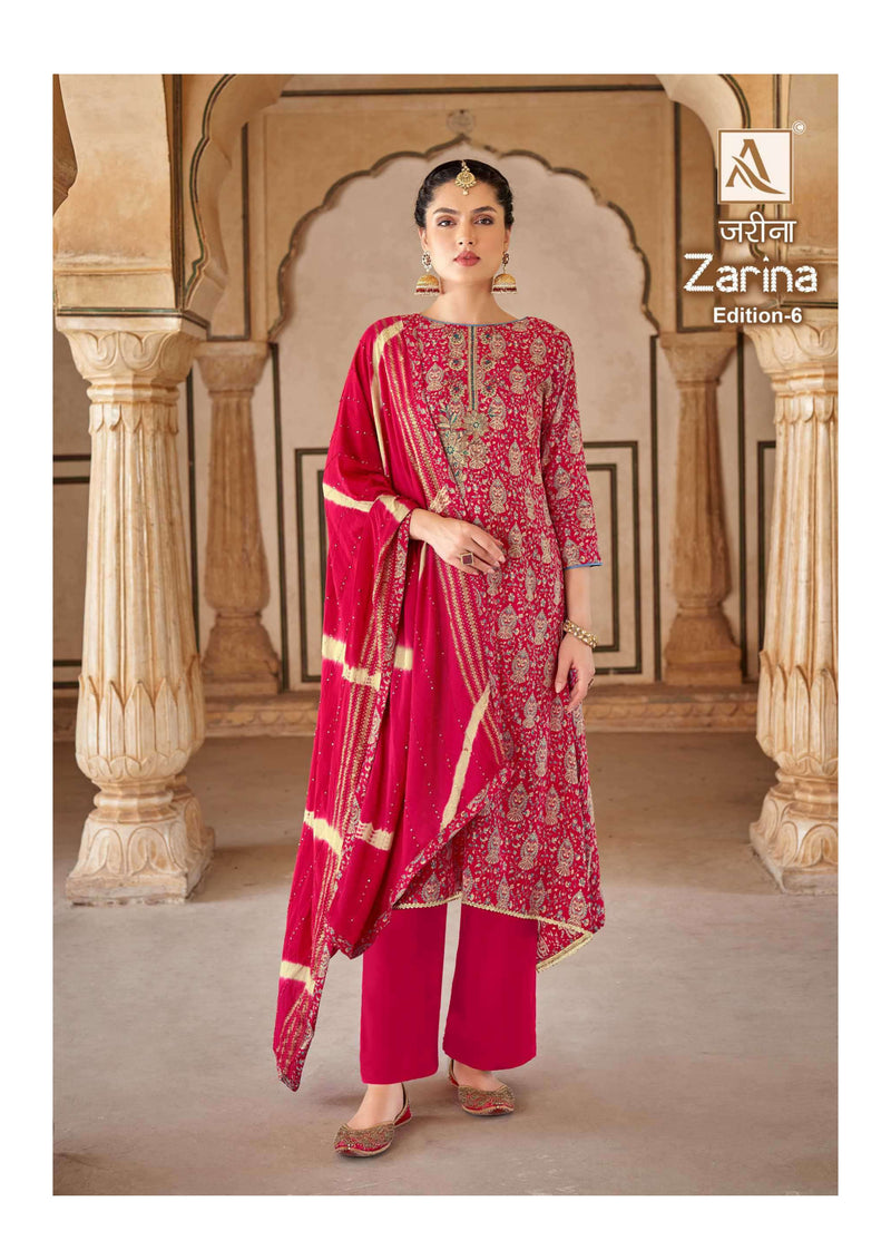 Alok Suit Zarina Edition 6 Rayon Gold Print Embroidery Stylish Salwar Suit