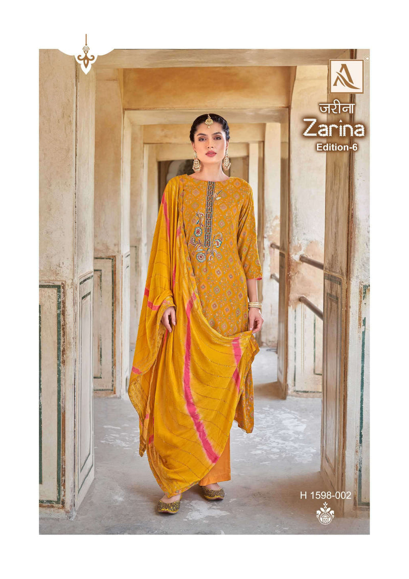 Alok Suit Zarina Edition 6 Rayon Gold Print Embroidery Stylish Salwar Suit