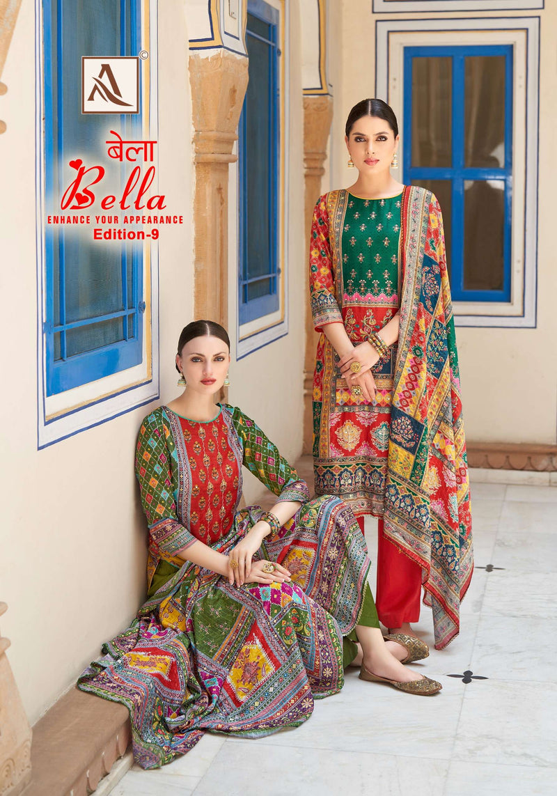 Alok Suits Bella Vol 9 Muslin Digital Print Aari Mirror Hand Work Salwar Suit