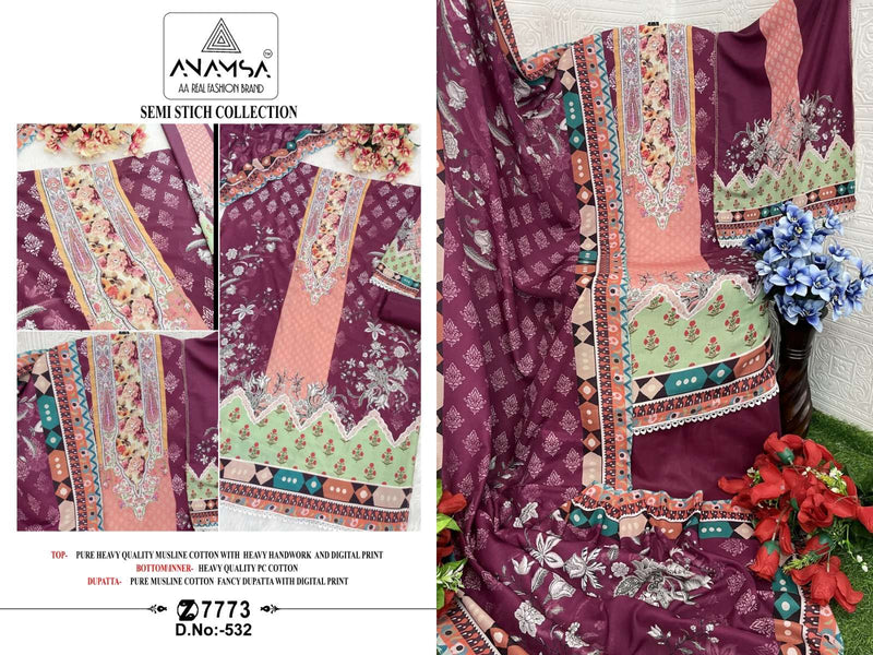 Anamsa 532 Muslin Cotton Heavy Hand Work Embroidered Fancy Suit