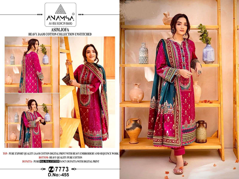 Anamsa A Print Design No 455 457 Jam Cotton Embroidered Patch Work Fancy Salwar Suit