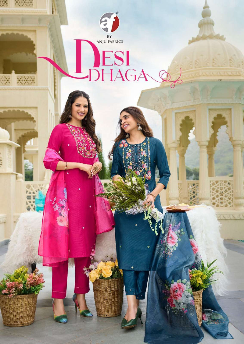 Anju Fabrics Desi Dhaga Viscose Pure Hand Work Festiv Wear Kurti Pant Organza Dupatta Set