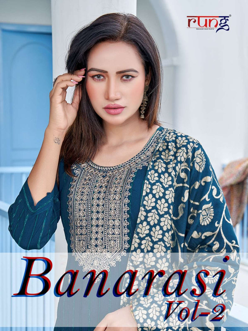 Rung Banarasi Vol 2 Lining Rayon With Embroidery Work Casual Kurtis With Bottom Collection