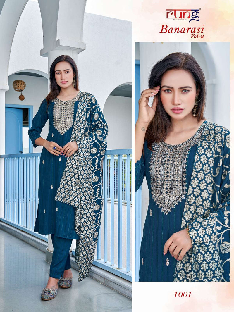 Rung Banarasi Vol 2 Lining Rayon With Embroidery Work Casual Kurtis With Bottom Collection