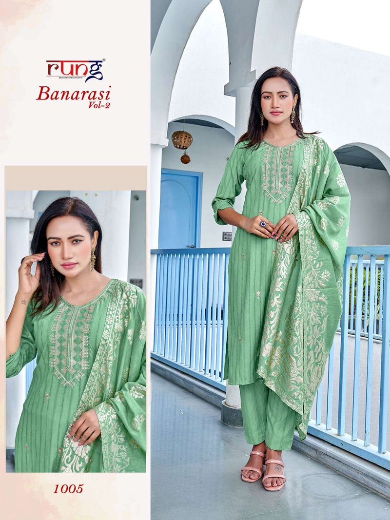 Rung Banarasi Vol 2 Lining Rayon With Embroidery Work Casual Kurtis With Bottom Collection