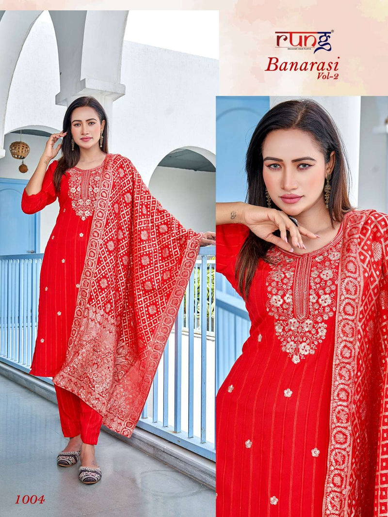 Rung Banarasi Vol 2 Lining Rayon With Embroidery Work Casual Kurtis With Bottom Collection