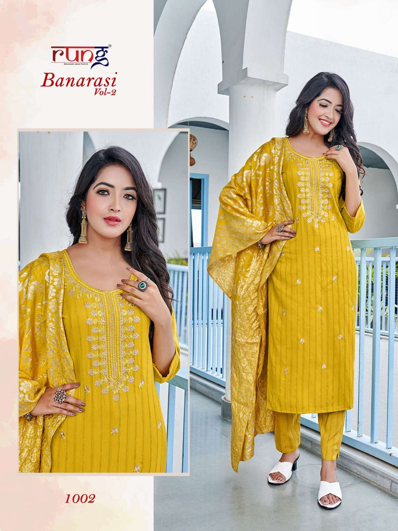 Rung Banarasi Vol 2 Lining Rayon With Embroidery Work Casual Kurtis With Bottom Collection