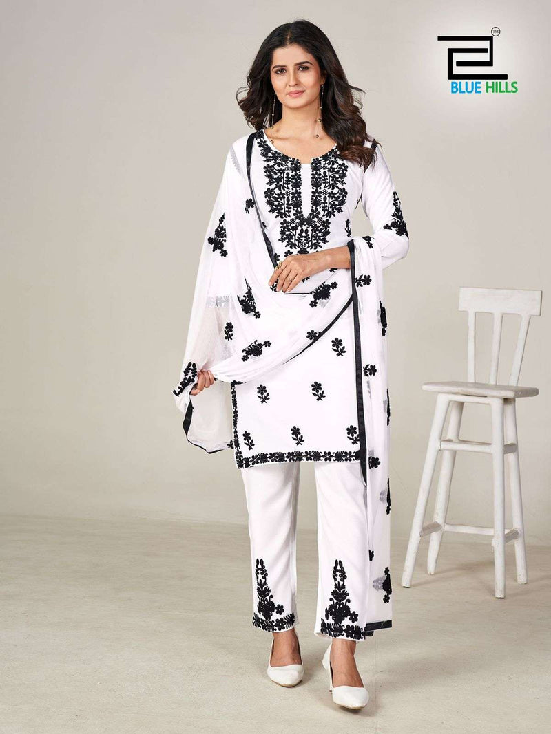 Blue Hills Black And White Vol 5 7 Rayon Fancy Kurti Pant Dupatta Set