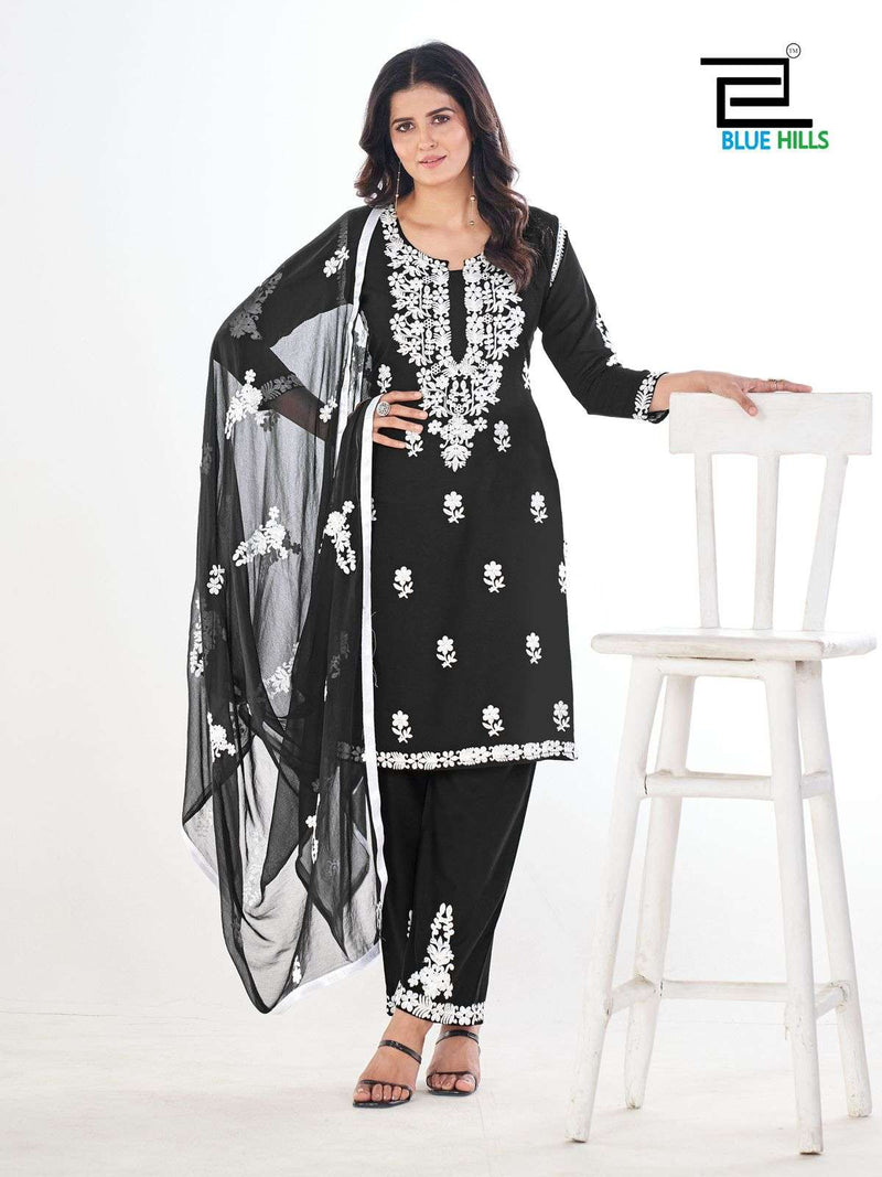 Blue Hills Black And White Vol 5 7 Rayon Fancy Kurti Pant Dupatta Set