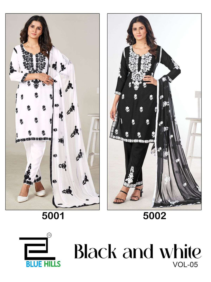 Blue Hills Black And White Vol 5 7 Rayon Fancy Kurti Pant Dupatta Set