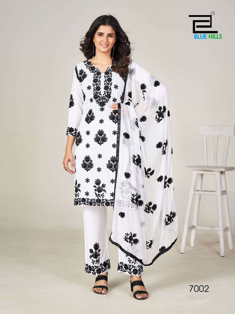 Blue Hills Black And White Vol 5 7 Rayon Fancy Kurti Pant Dupatta Set