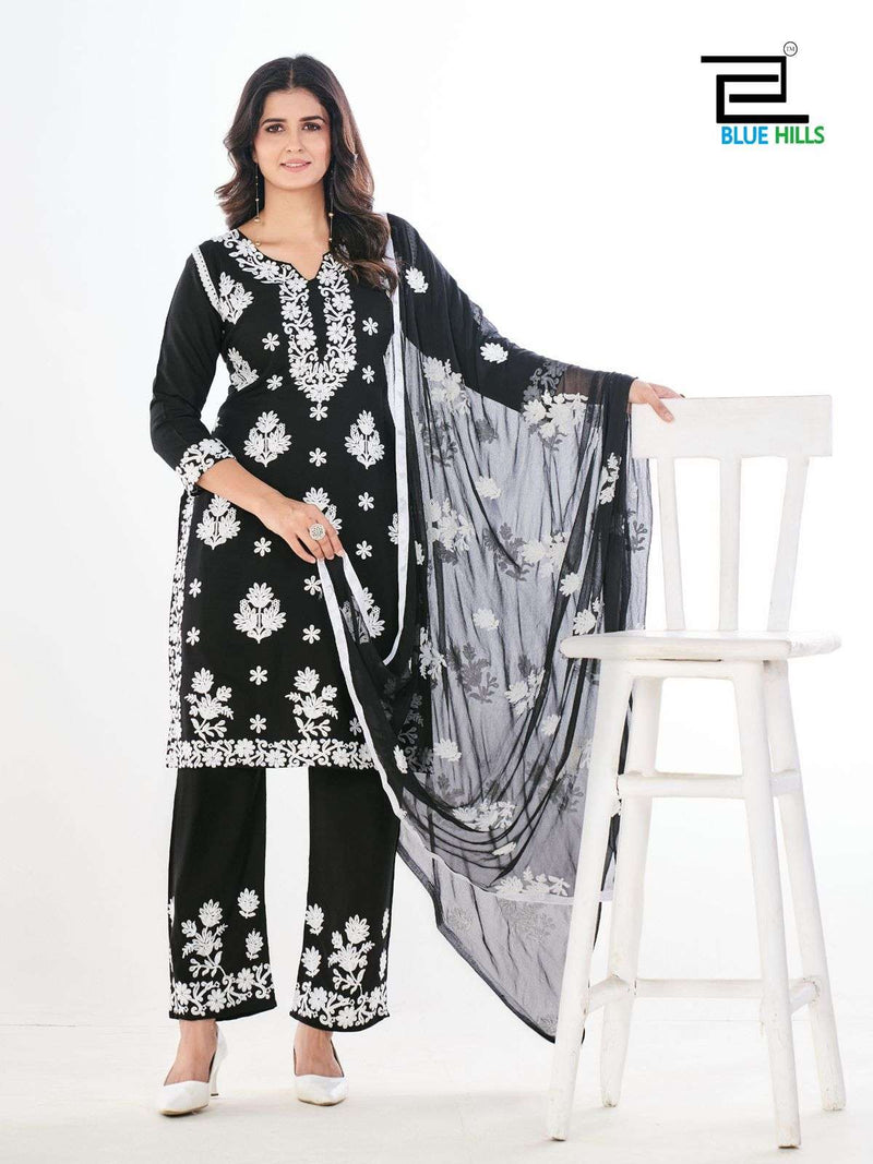 Blue Hills Black And White Vol 5 7 Rayon Fancy Kurti Pant Dupatta Set