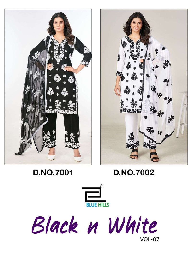 Blue Hills Black And White Vol 5 7 Rayon Fancy Kurti Pant Dupatta Set