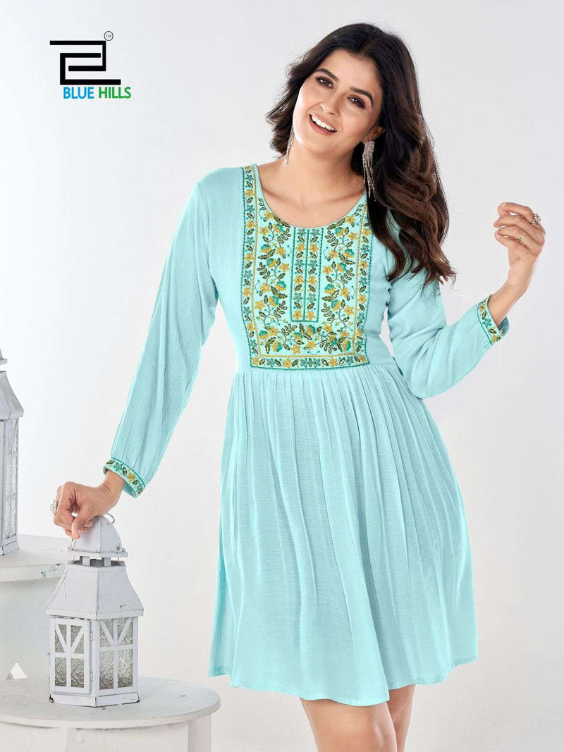 Blue Hills Bloom Rayon Daily Wear Trnding Short Kurti