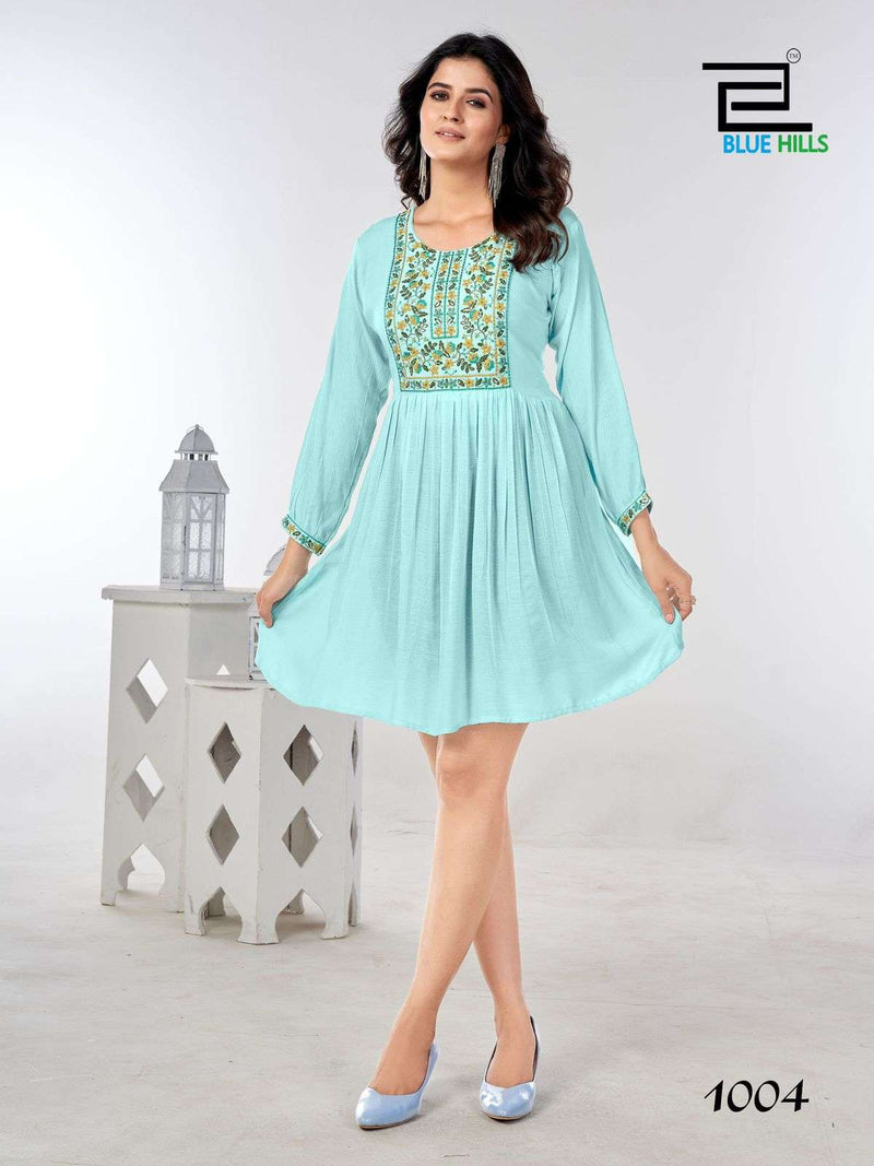 Blue Hills Bloom Rayon Daily Wear Trnding Short Kurti