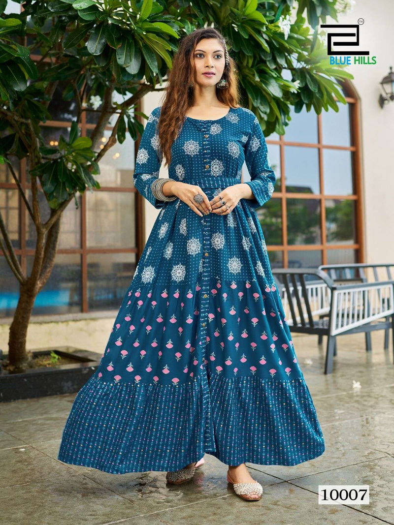 Blue Hills Bournvilla Vol 10 Rayon Foil Print Casual Wear Fancy Gown Set