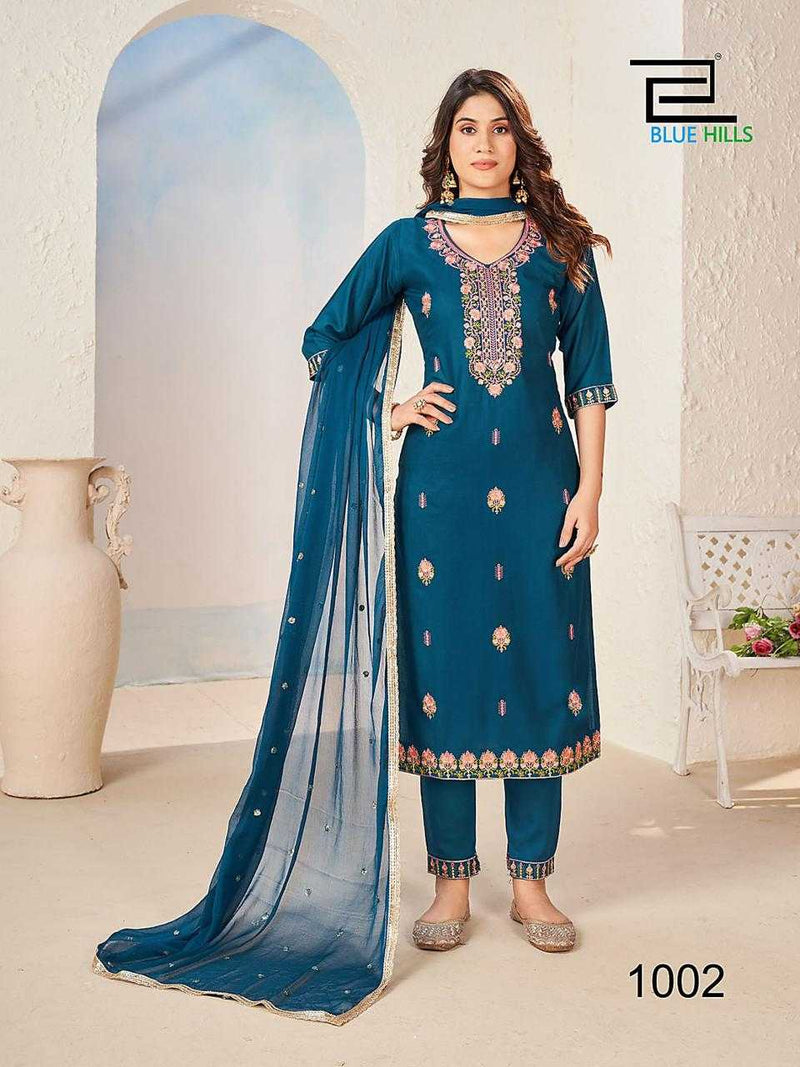 Blue Hills Gulab Jal Vol 3 Rayon Zari Multi Color Thread Work Casual Wear Kurti Pant Dupatta Set