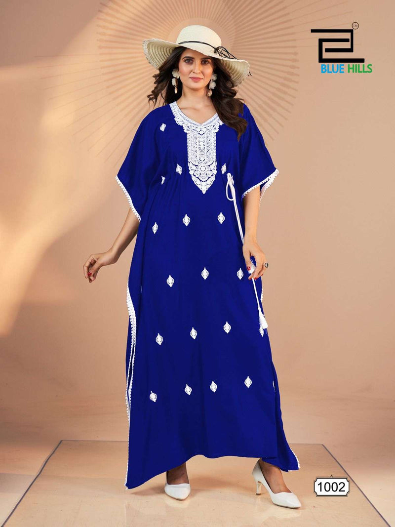 Blue Hills Honey Nx Rayon White Embroidery Work Kaftan Collection