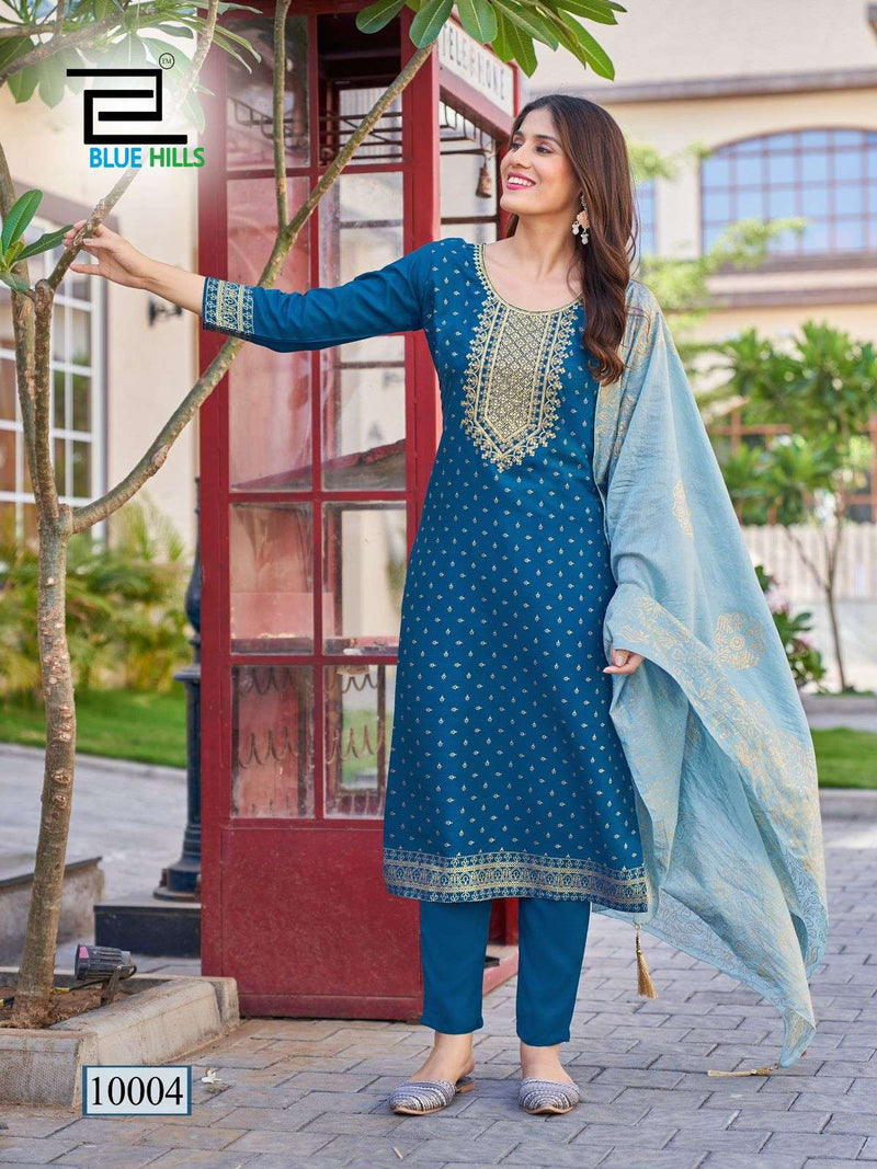 Blue Hills Royal Touch Vol 10 Nx Rayon Foil Print Casual Wear Kurti Pant Dupatta Set