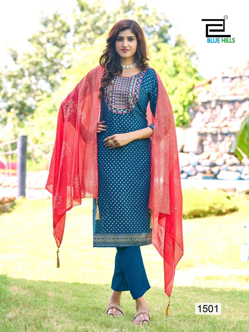 Blue Hills Royal Touch Vol 15 Rayon Foil Print Neck Embroidery Fancy Kurti Pant Dupatta Set