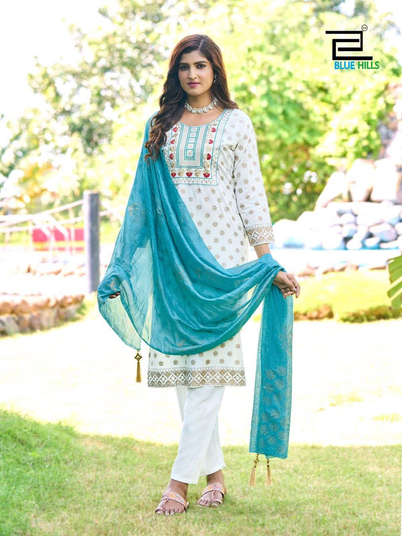 Blue Hills Royal Touch Vol 15 Rayon Foil Print Neck Embroidery Fancy Kurti Pant Dupatta Set