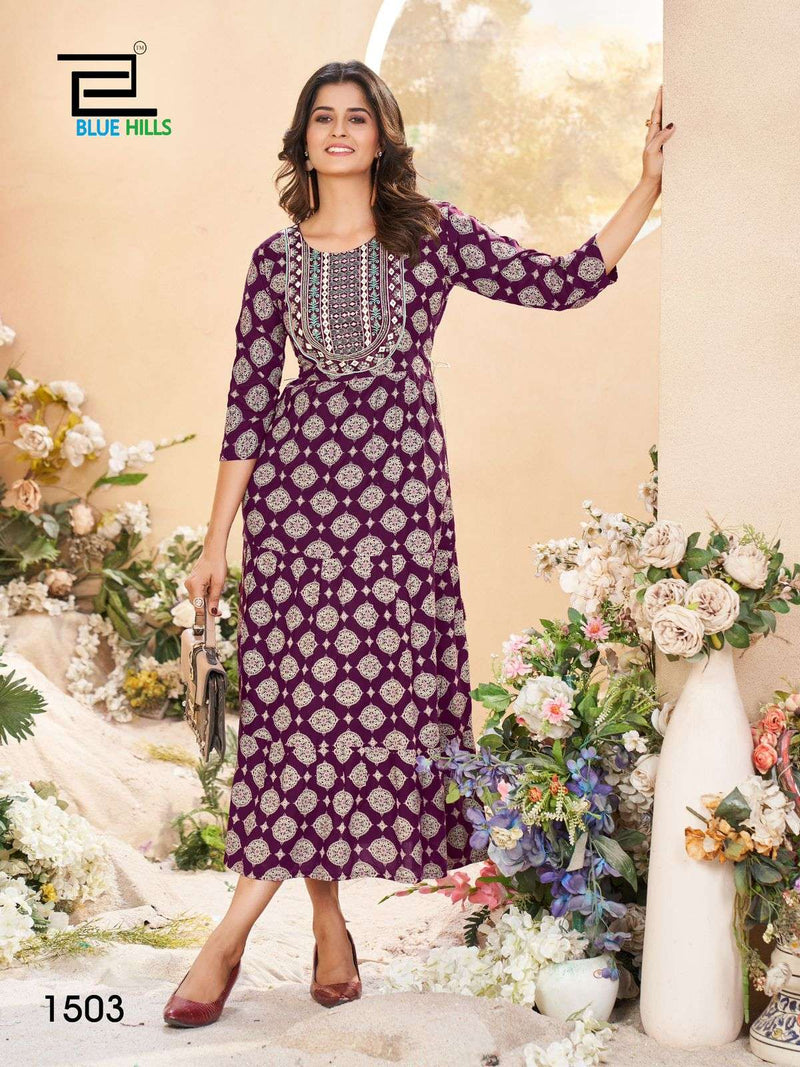 Blue Hills Sarfaraz Vol 15 Rayon Print Neck Embroidery Gown Style Casual Wear Kurti