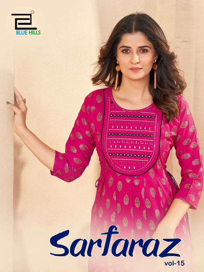 Blue Hills Sarfaraz Vol 15 Rayon Print Neck Embroidery Gown Style Casual Wear Kurti