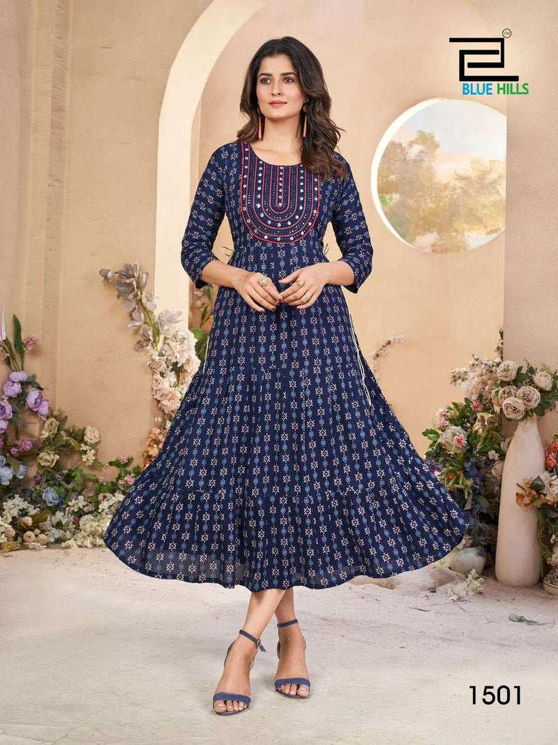 Blue Hills Sarfaraz Vol 15 Rayon Print Neck Embroidery Gown Style Casual Wear Kurti