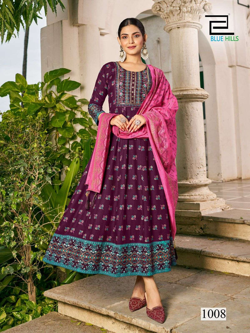 Blue Hills Senorita Special Rayon Foil Print Festival Wear Anarkali Gown Dupatta Set