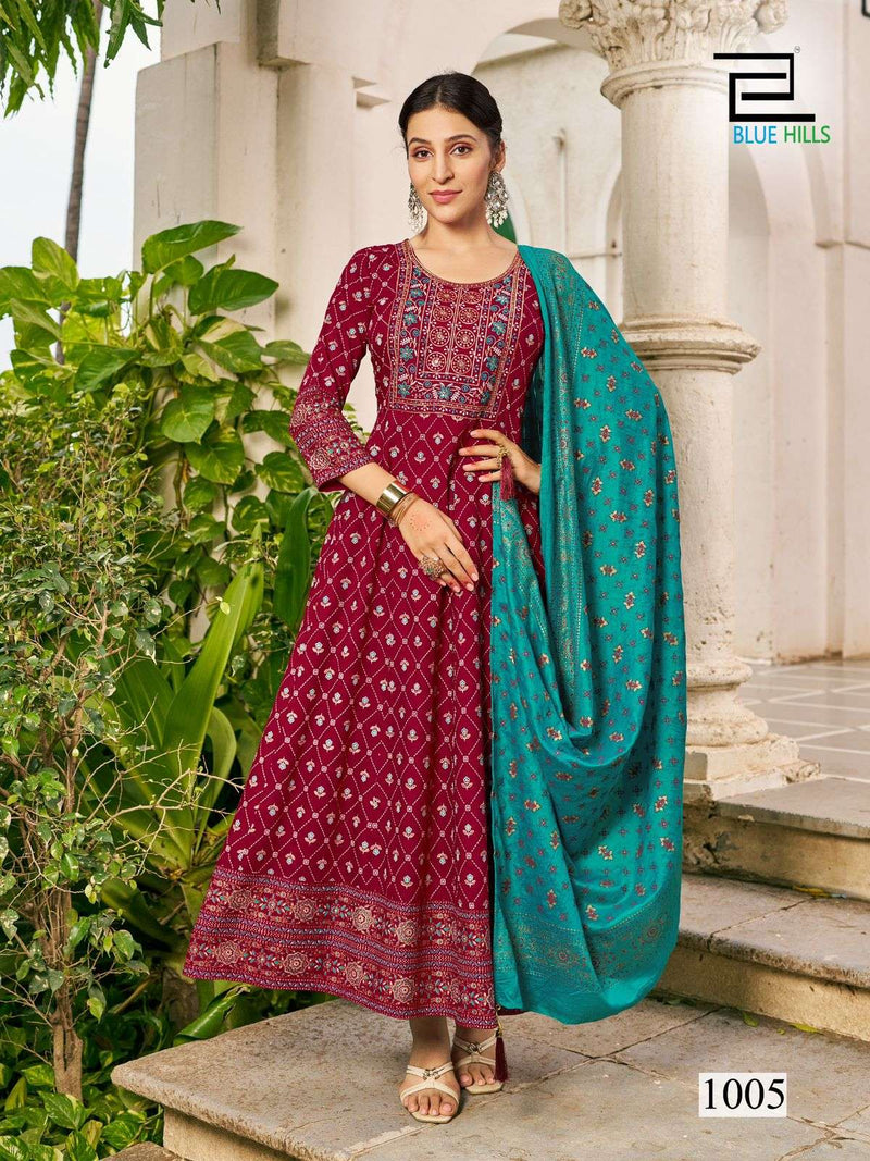 Blue Hills Senorita Special Rayon Foil Print Festival Wear Anarkali Gown Dupatta Set