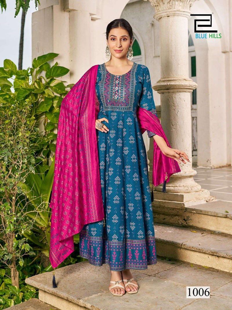 Blue Hills Senorita Special Rayon Foil Print Festival Wear Anarkali Gown Dupatta Set