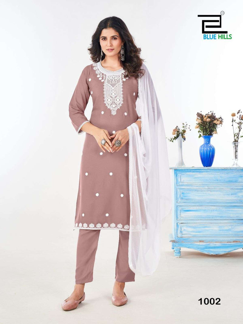 Blue Hills Shradha Rayon Embroidery Work Casual Wear Kurti Pant Dupatta Set