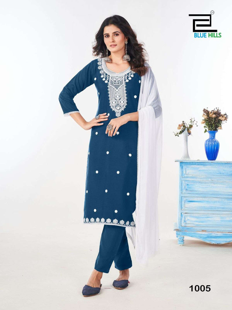 Blue Hills Shradha Rayon Embroidery Work Casual Wear Kurti Pant Dupatta Set