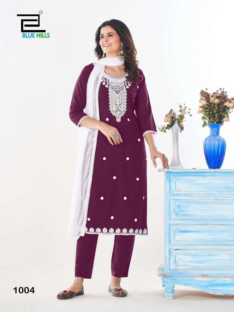 Blue Hills Shradha Rayon Embroidery Work Casual Wear Kurti Pant Dupatta Set