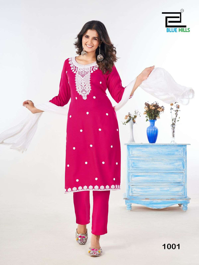 Blue Hills Shradha Rayon Embroidery Work Casual Wear Kurti Pant Dupatta Set