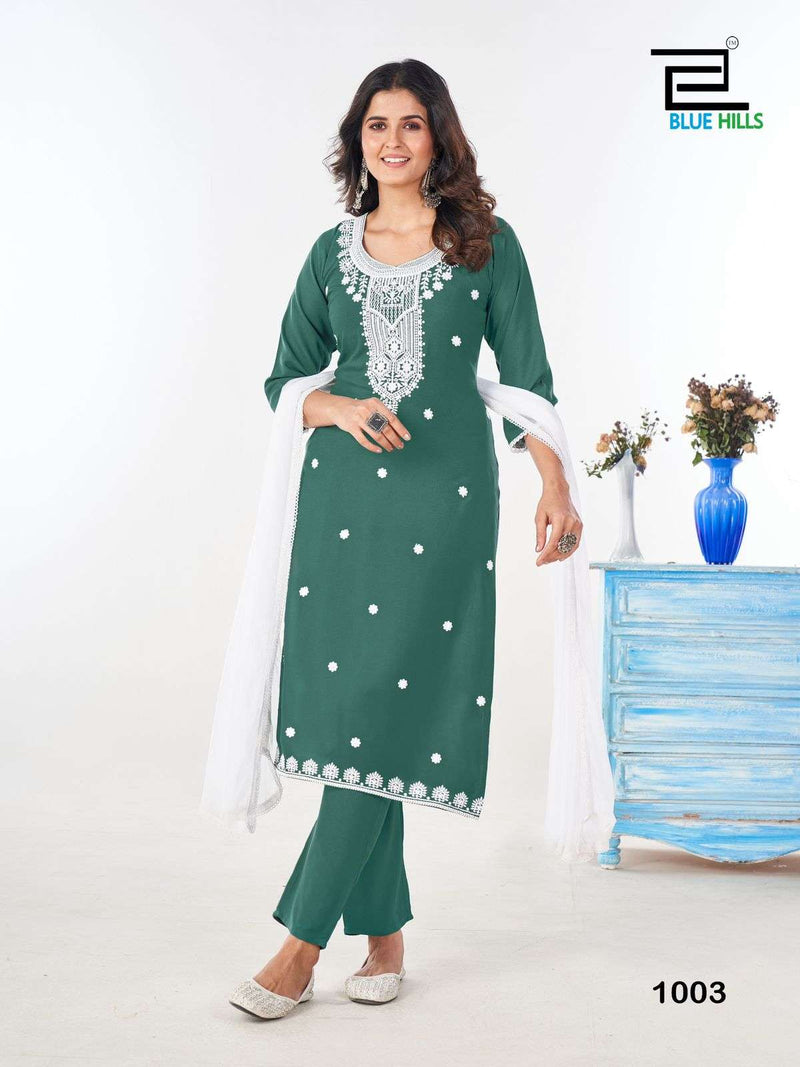 Blue Hills Shradha Rayon Embroidery Work Casual Wear Kurti Pant Dupatta Set