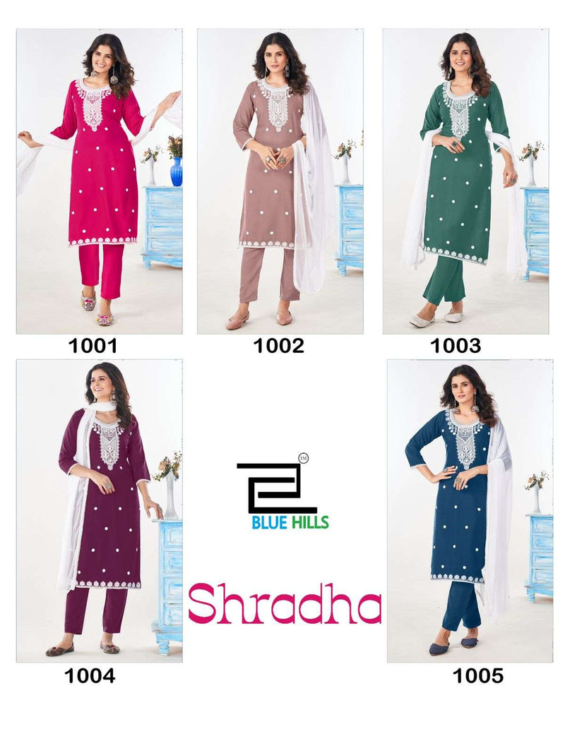 Blue Hills Shradha Rayon Embroidery Work Casual Wear Kurti Pant Dupatta Set