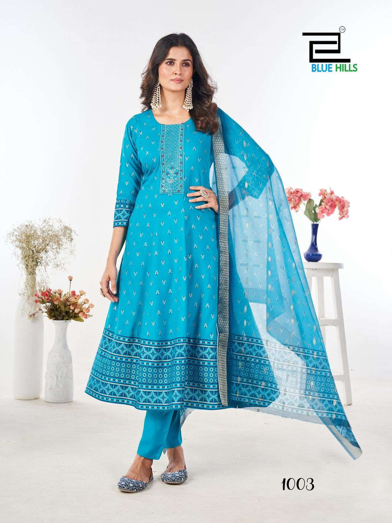 Blue Hills Stree Rayon Foil Print Festival Wear Kurti Pant Dupatta Set