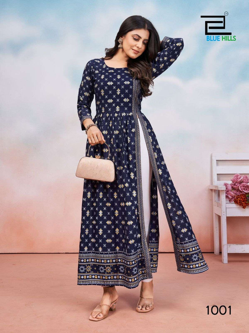 Blue Hills Tauba Tauba Rayon Foil Print Side Cut Pattern Casual Wear Kurti