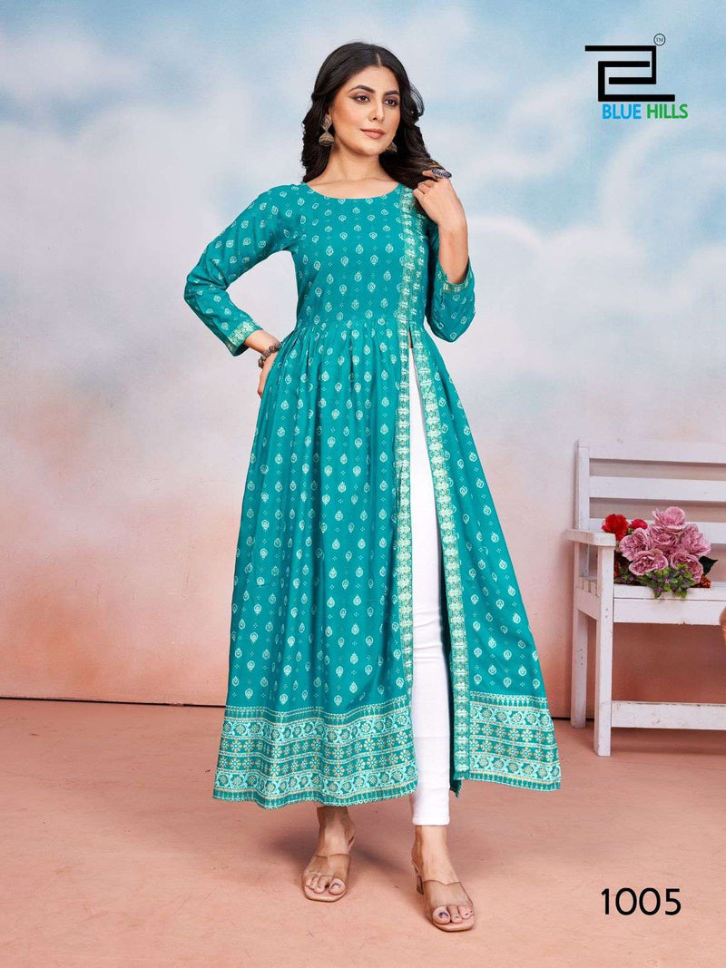 Blue Hills Tauba Tauba Rayon Foil Print Side Cut Pattern Casual Wear Kurti