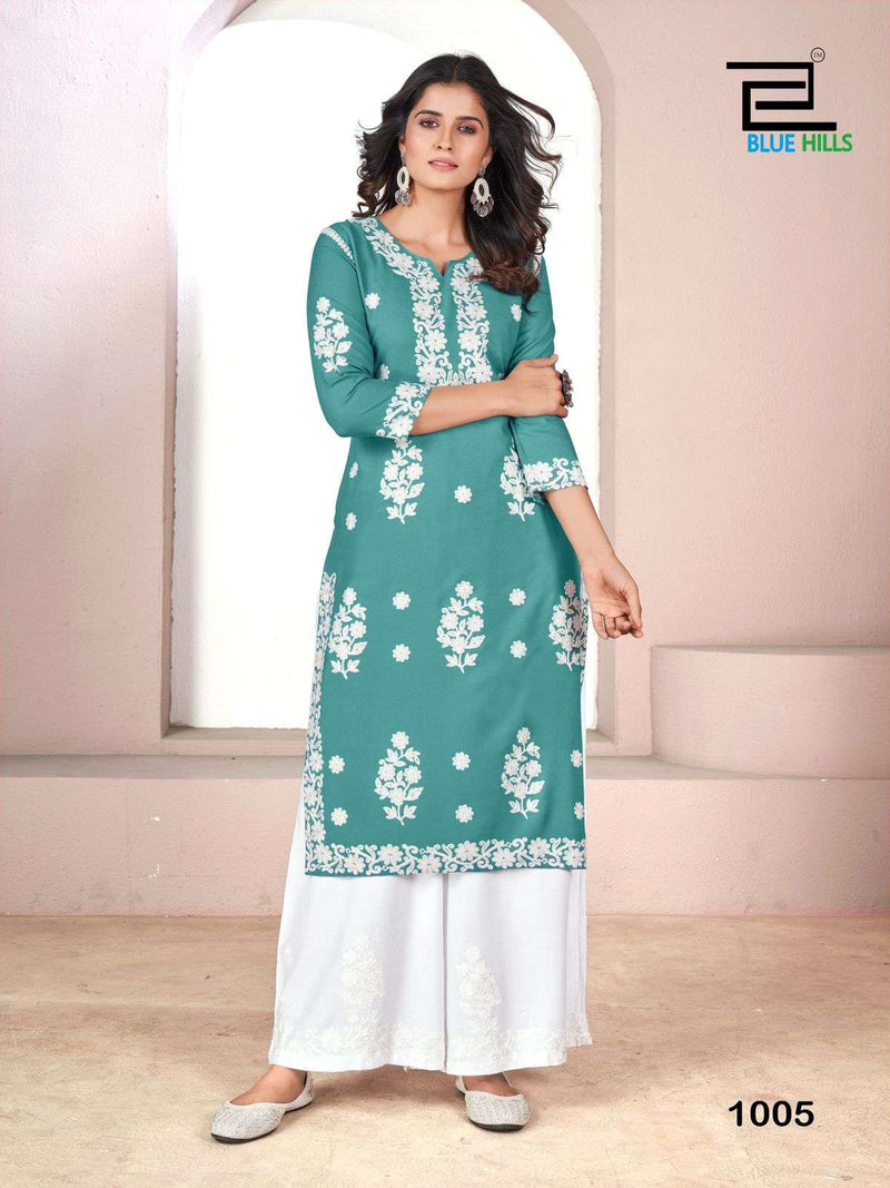 Blue Hills Victoria Rayon White Thread Work Kurti Plazo Set