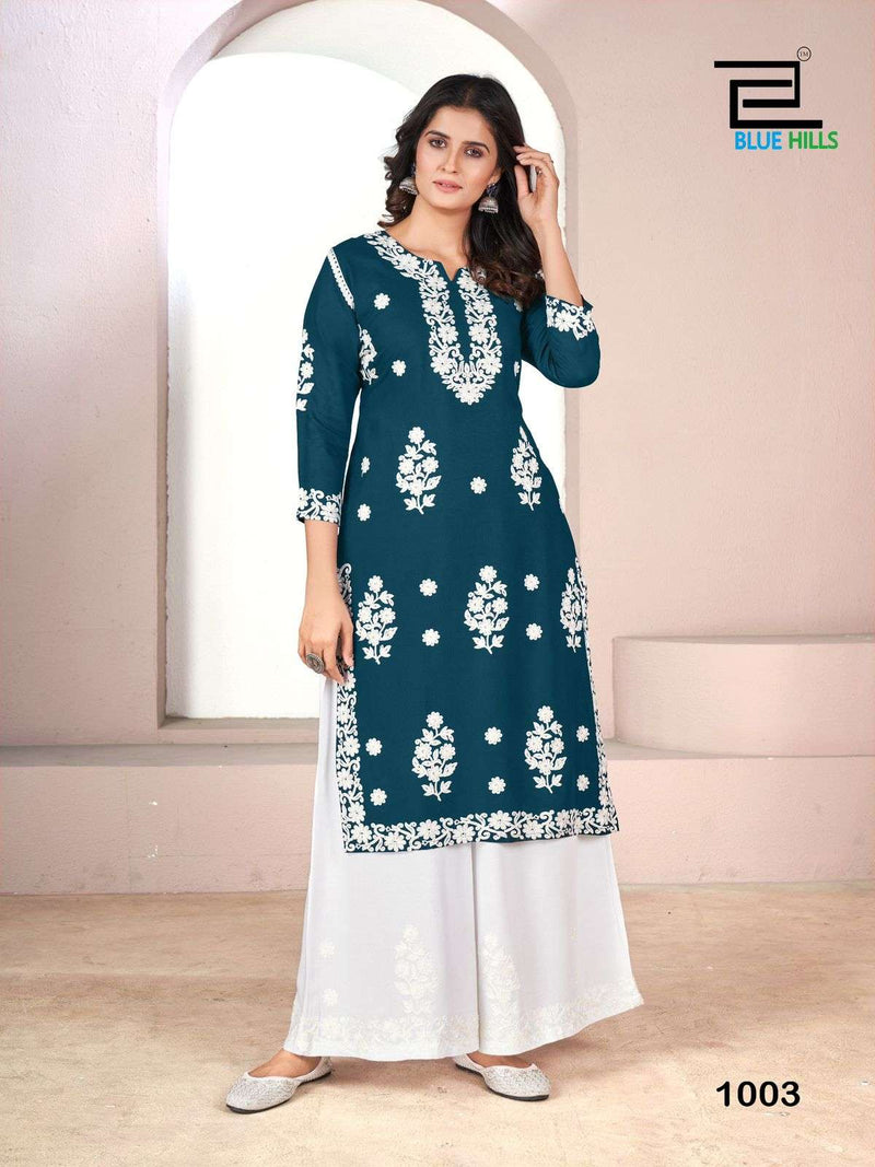 Blue Hills Victoria Rayon White Thread Work Kurti Plazo Set