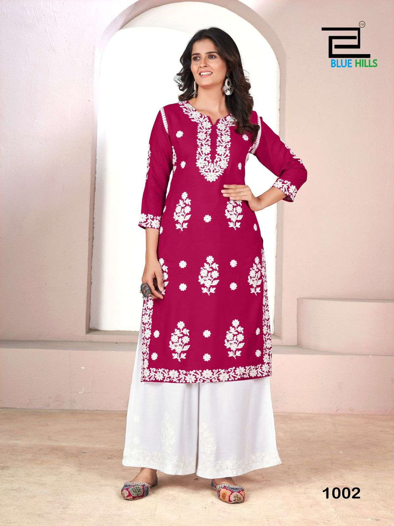 Blue Hills Victoria Rayon White Thread Work Kurti Plazo Set