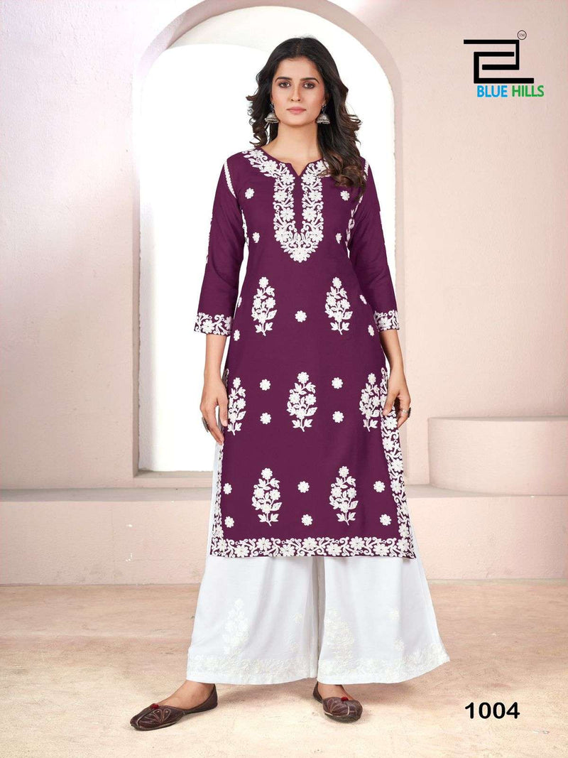 Blue Hills Victoria Rayon White Thread Work Kurti Plazo Set