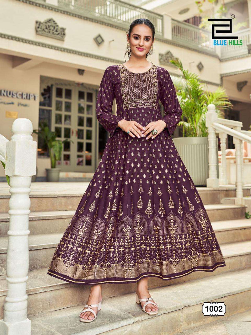 Blue Hills Inaya Rayon Foil Print With Classic Neck Embroidery Work Anarkali Gown